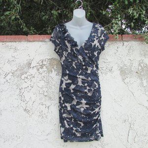 INC navy gray floral embellished neck dress L